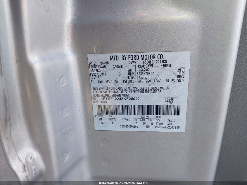 2008 Ford F-150 Stx/Xl/Xlt VIN: 1FTRF12248KE25022 Lot: 43528573