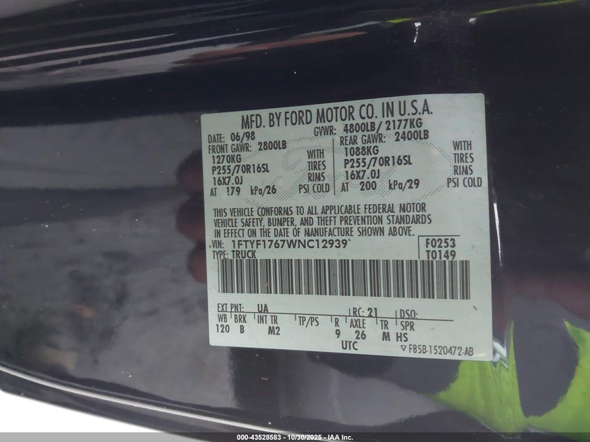 1998 Ford F-150 Lariat/Standard/Xl/Xlt VIN: 1FTYF1767WNC12939 Lot: 43528583