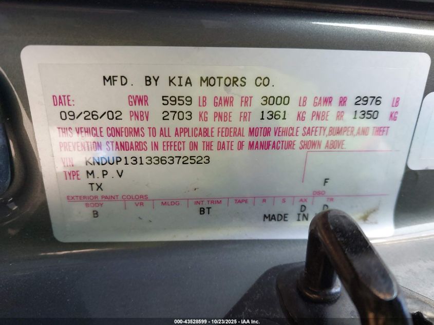 2003 Kia Sedona Ex/Lx VIN: KNDUP131336372523 Lot: 43528599