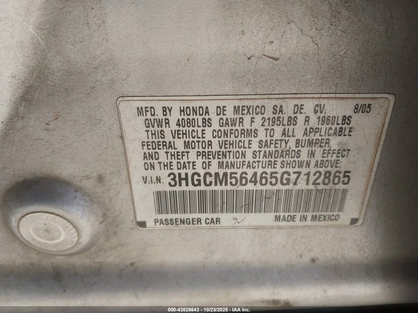 3HGCM56465G712865 2005 HONDA ACCORD photo no. 9
