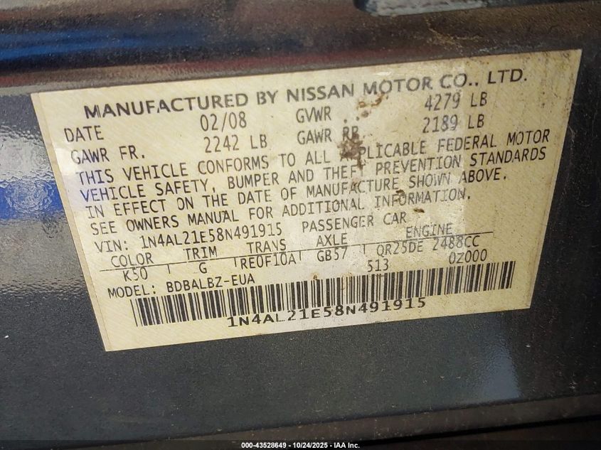 2008 Nissan Altima 2.5 S VIN: 1N4AL21E58N491915 Lot: 43528649