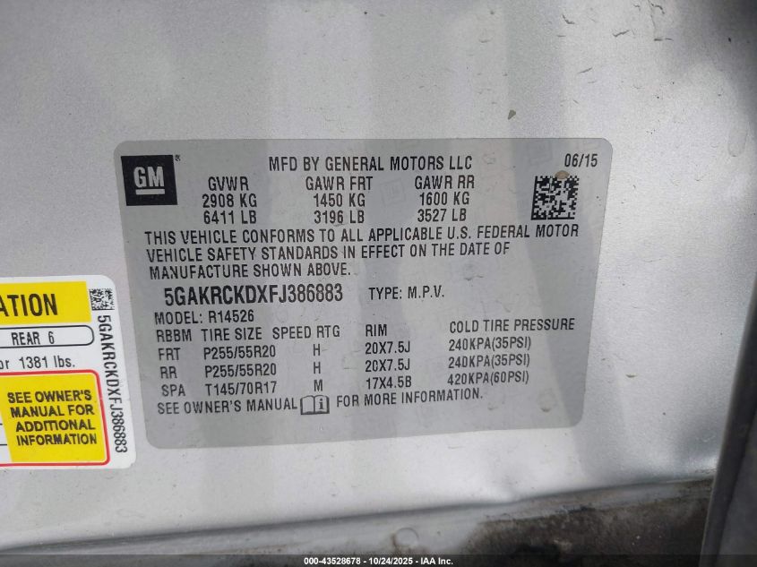 2015 Buick Enclave Premium VIN: 5GAKRCKDXFJ386883 Lot: 43528678