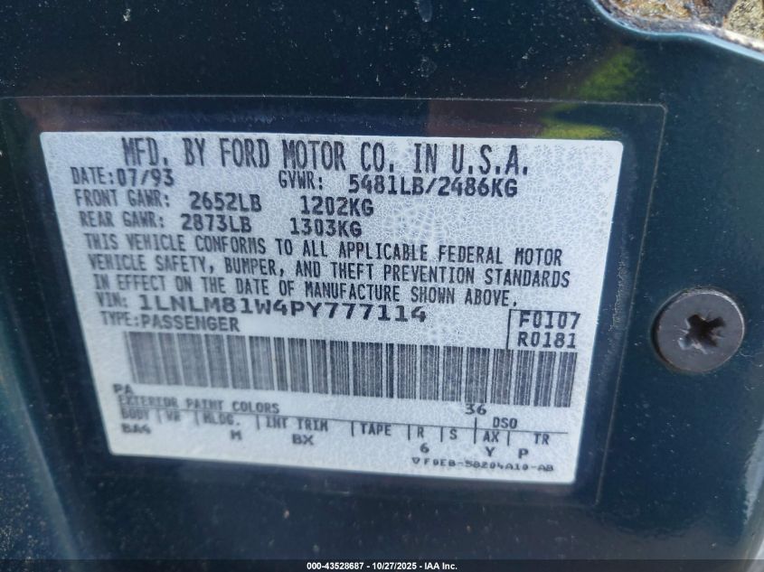 1993 Lincoln Town Car Executive VIN: 1LNLM81W4PY777114 Lot: 43528687