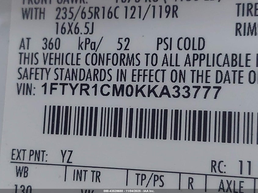 2019 FORD TRANSIT-250 1FTYR1CM0KKA33777