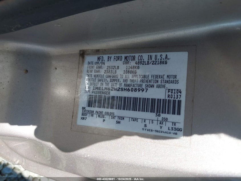 1995 Mercury Cougar Xr7 VIN: 1MELM62W2SH608997 Lot: 43528691