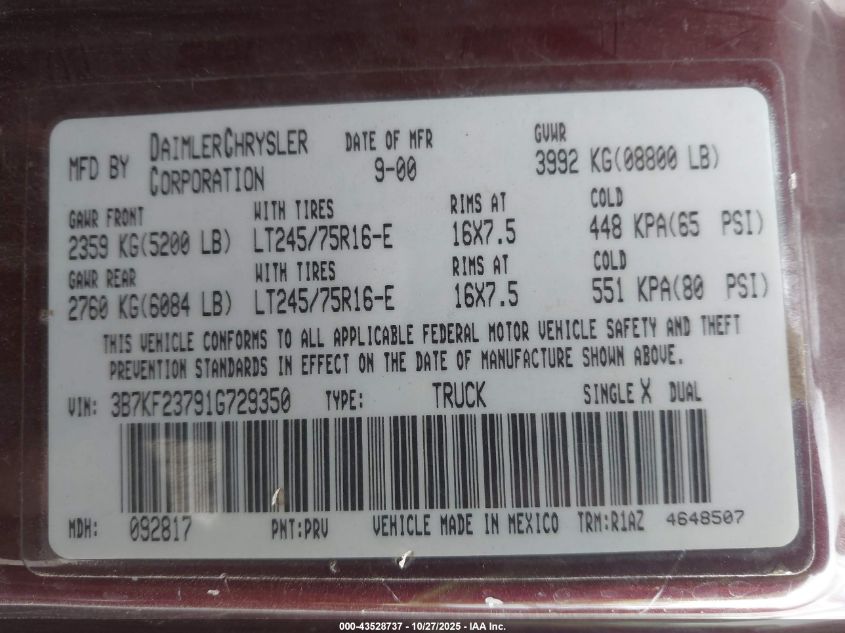 2001 Dodge Ram 2500 St VIN: 3B7KF23791G729350 Lot: 43528737