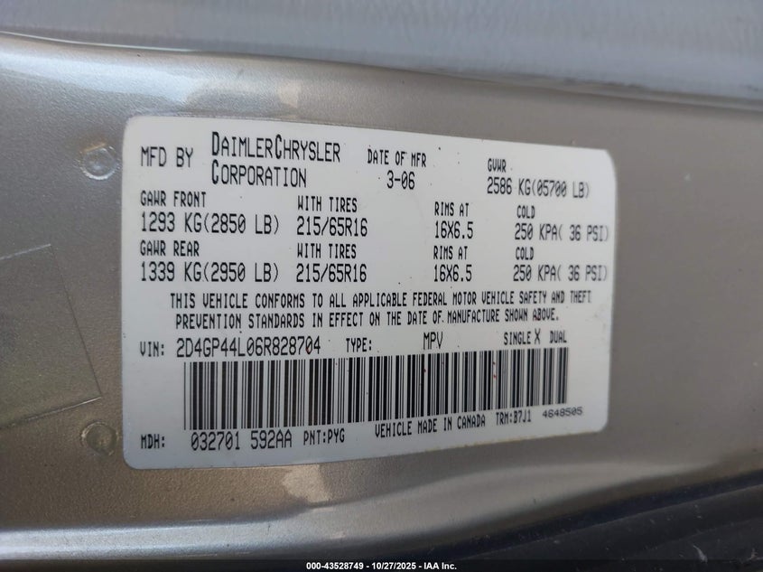 2006 Dodge Grand Caravan Sxt VIN: 2D4GP44L06R828704 Lot: 43528749