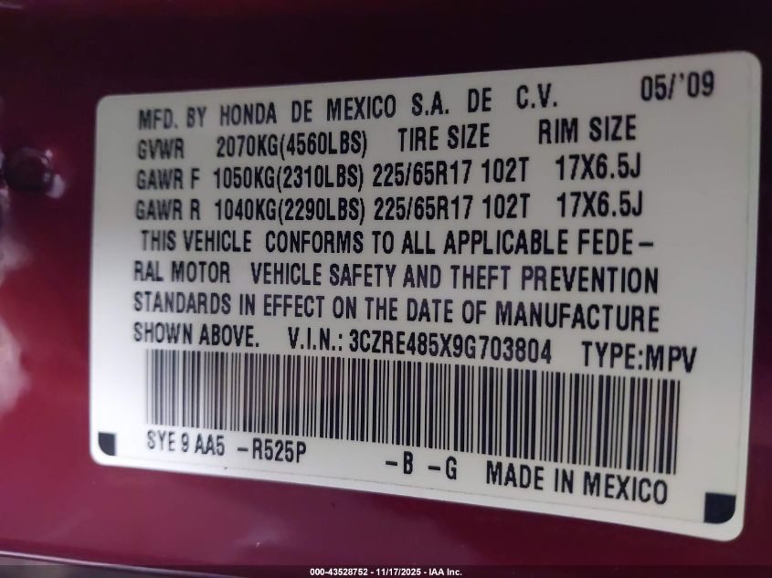2009 Honda Cr-V Ex VIN: 3CZRE485X9G703804 Lot: 43528752