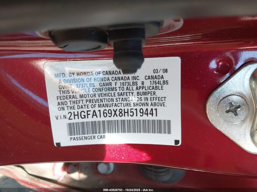 2008 Honda Civic Ex-L VIN: 2HGFA169X8H519441 Lot: 43528753