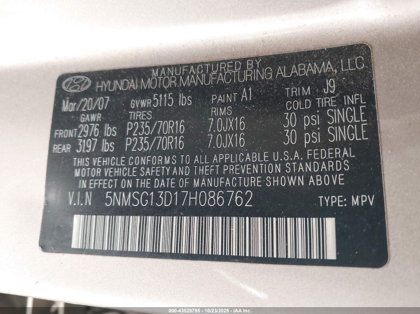 2007 Hyundai Santa Fe Gls VIN: 5NMSG13D17H086762 Lot: 43528755