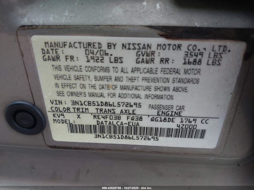 2006 Nissan Sentra 1.8/1.8S VIN: 3N1CB51D86L572695 Lot: 43528756