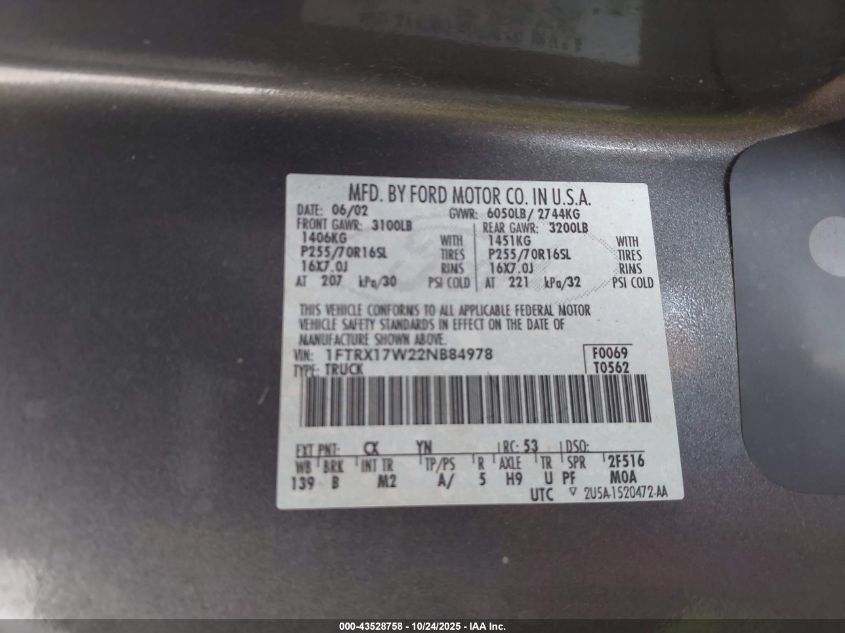 2002 Ford F-150 Lariat/Xl/Xlt VIN: 1FTRX17W22NB84978 Lot: 43528758