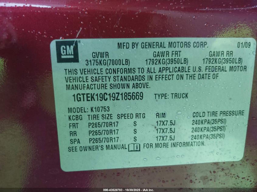 2009 GMC Sierra 1500 Sl VIN: 1GTEK19C19Z185669 Lot: 43528783