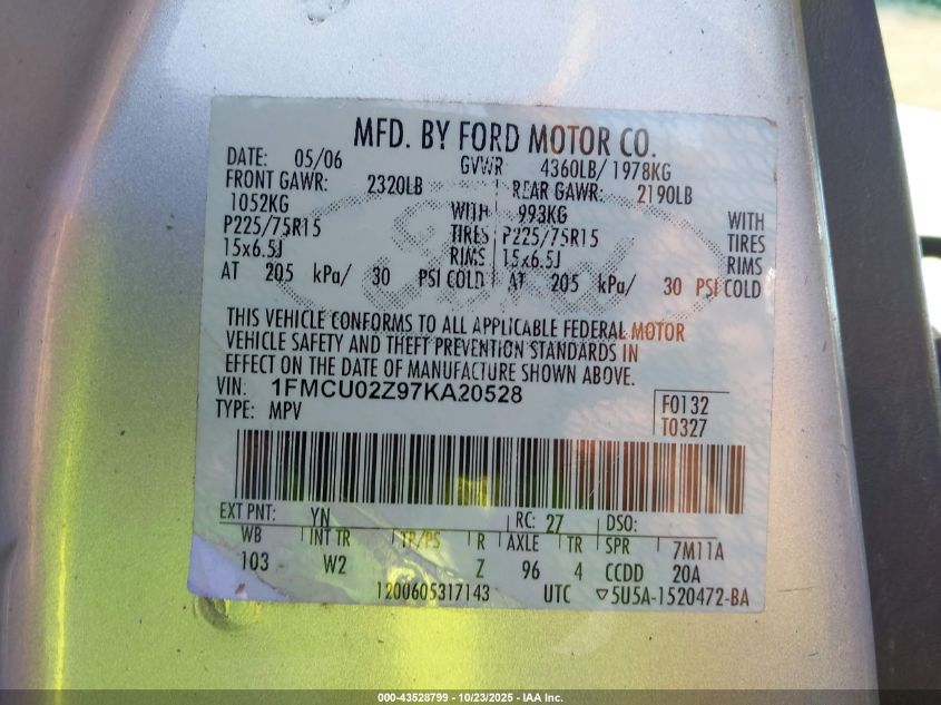 2007 Ford Escape Xls/Xls Manual VIN: 1FMCU02Z97KA20528 Lot: 43528799