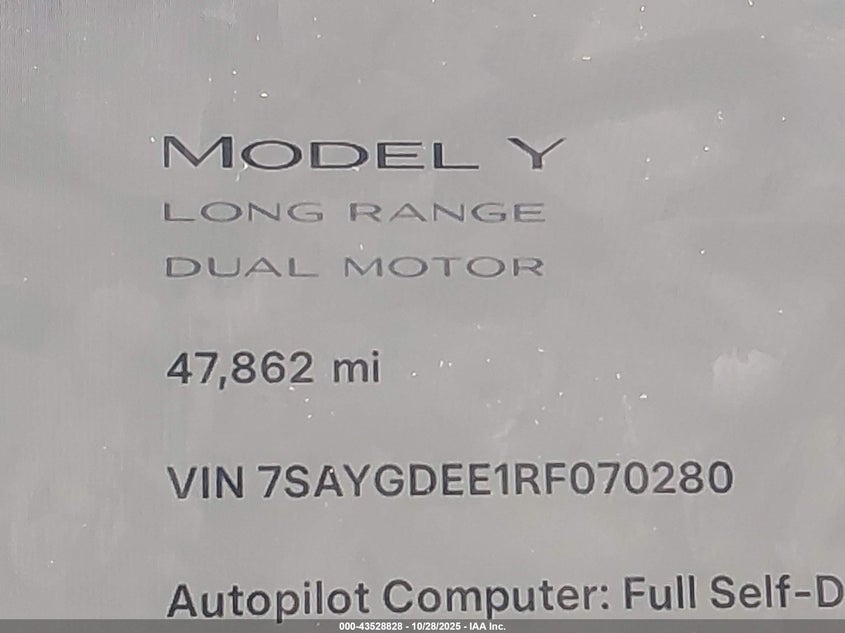 2024 Tesla Model Y Long Range Dual Motor All-Wheel Drive VIN: 7SAYGDEE1RF070280 Lot: 43528828