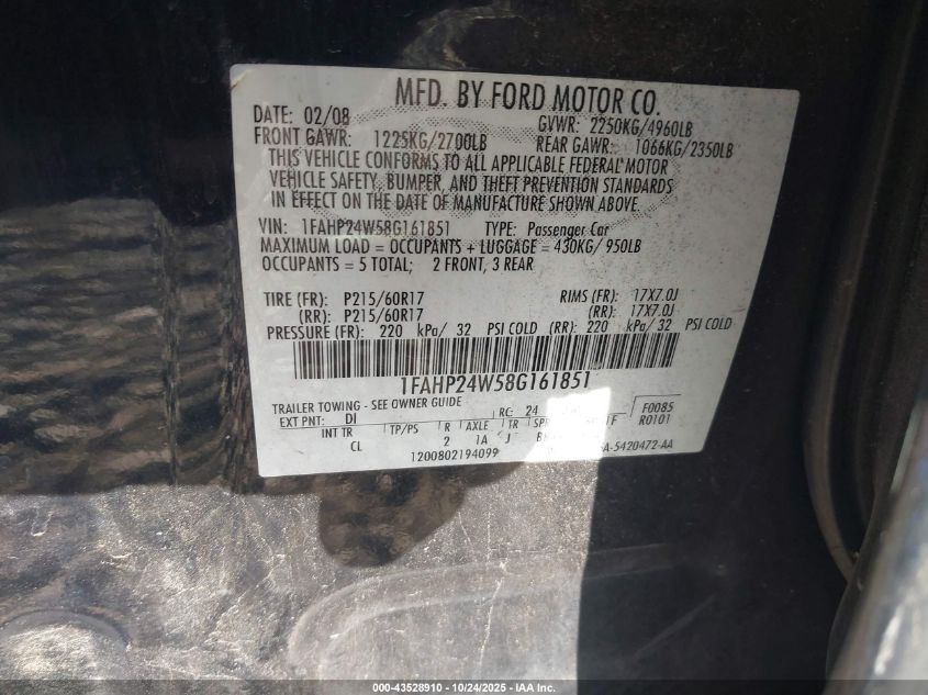 2008 Ford Taurus Sel VIN: 1FAHP24W58G161851 Lot: 43528910