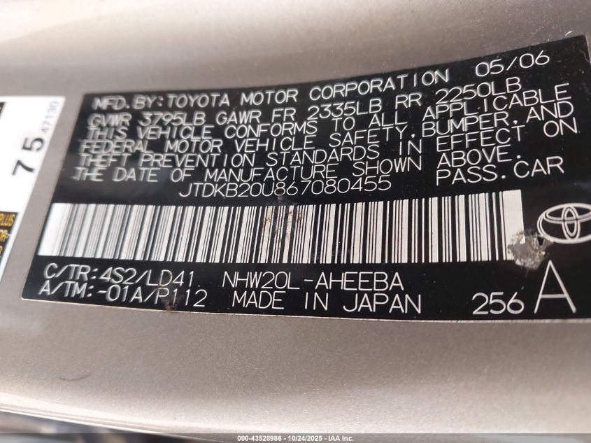 2006 Toyota Prius VIN: JTDKB20U867080455 Lot: 43528986