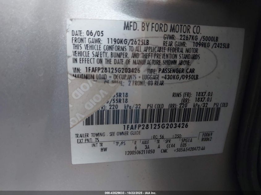 2005 Ford Five Hundred Limited VIN: 1FAFP28125G203426 Lot: 43529033