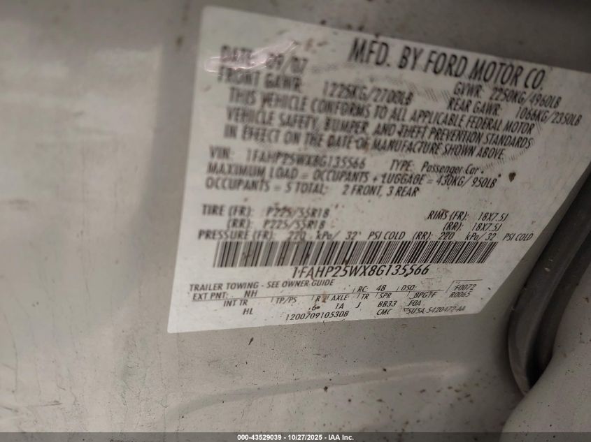 2008 Ford Taurus Limited VIN: 1FAHP25WX8G135566 Lot: 43529039