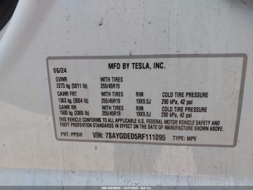 2024 Tesla Model Y Long Range Dual Motor All-Wheel Drive/Rwd VIN: 7SAYGDED5RF111095 Lot: 43529040