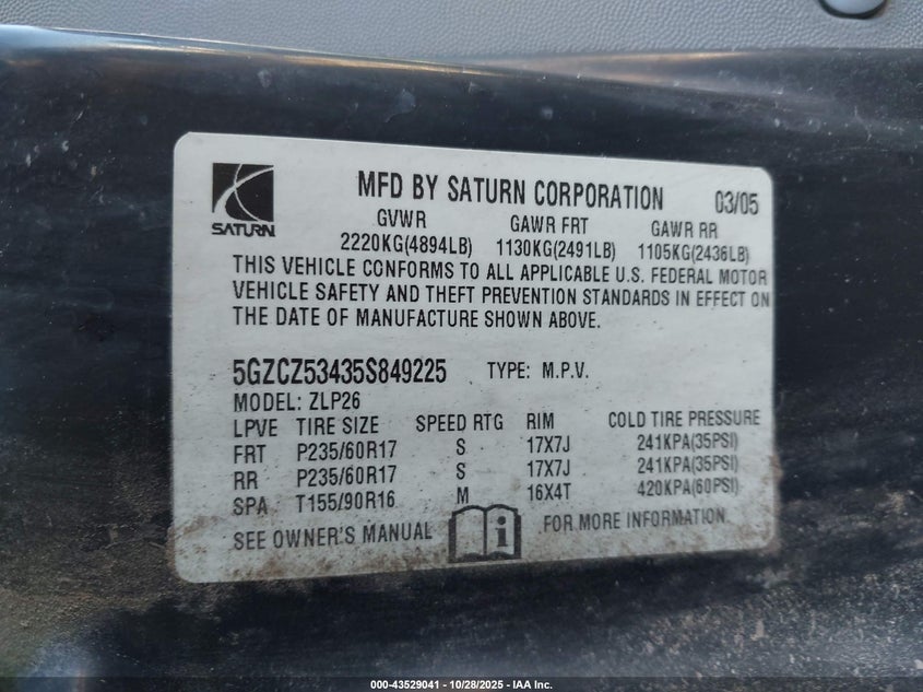 2005 Saturn Vue V6 VIN: 5GZCZ53435S849225 Lot: 43529041