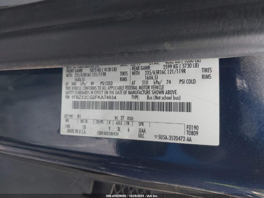 2015 Ford Transit-350 Xlt VIN: 1FBZX2CG2FKA74934 Lot: 43529059