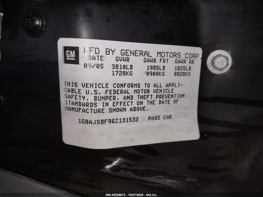 2006 Saturn Ion 2 VIN: 1G8AJ58F96Z131532 Lot: 43529072