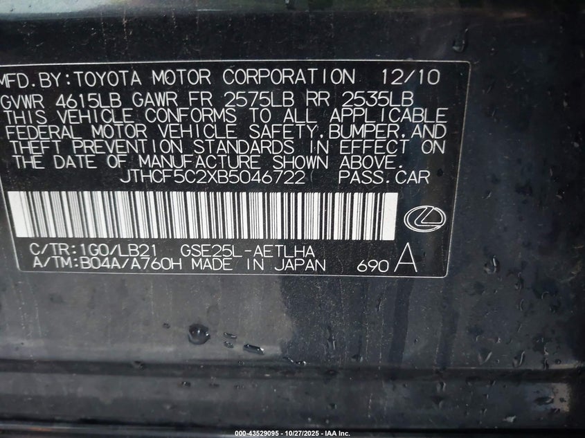 JTHCF5C2XB5046722 2011 LEXUS IS photo no. 9