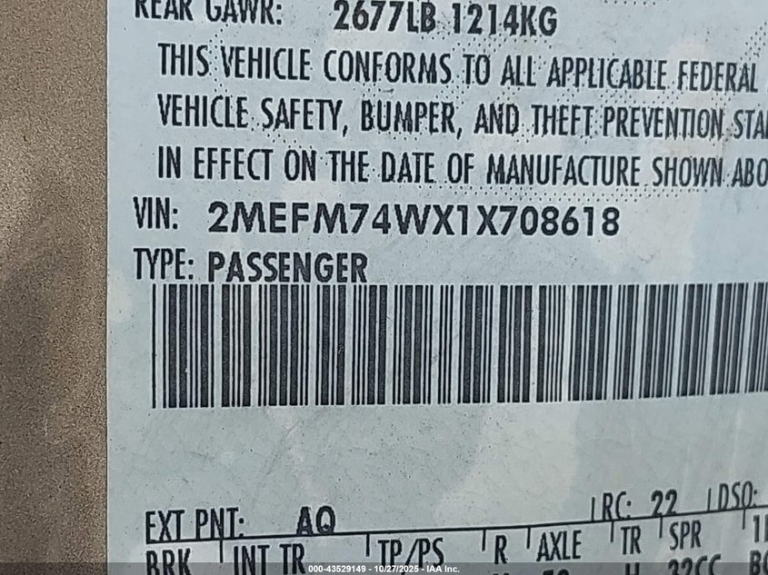 2001 Mercury Grand Marquis Gs VIN: 2MEFM74WX1X708618 Lot: 43529149