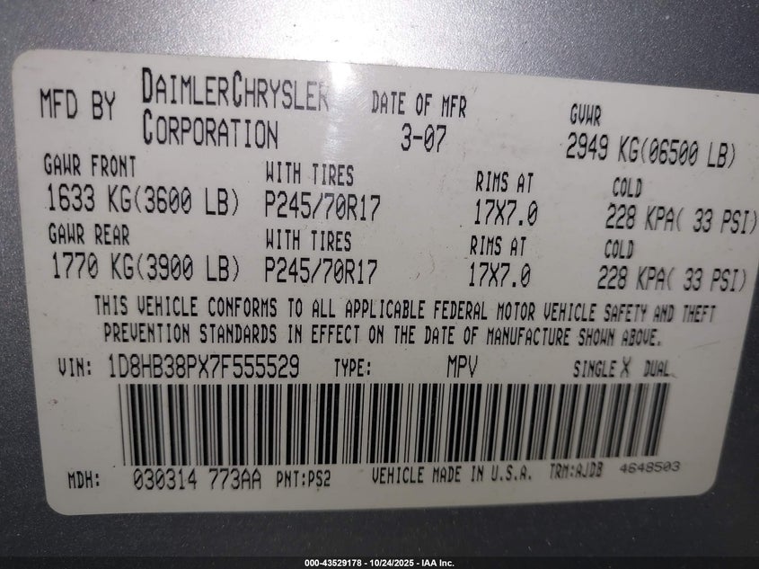 2007 Dodge Durango Sxt VIN: 1D8HB38PX7F555529 Lot: 43529178
