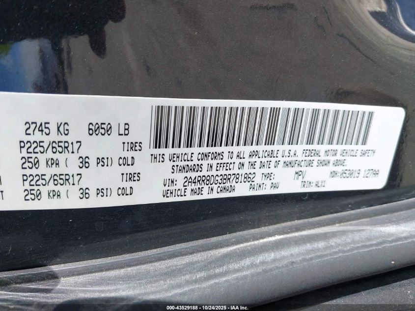 2011 Chrysler Town & Country Touring-L VIN: 2A4RR8DG3BR781862 Lot: 43529188