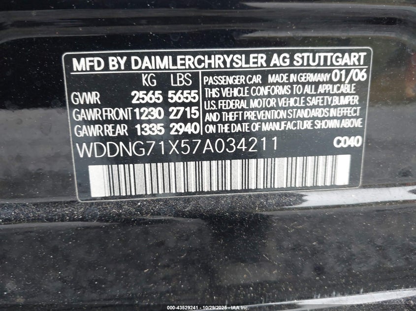 2007 Mercedes-Benz S 550 VIN: WDDNG71X57A034211 Lot: 43529241