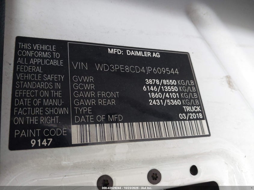 2018 MERCEDES-BENZ SPRINTER 2500 HIGH ROOF V6 WD3PE8CD4JP609544