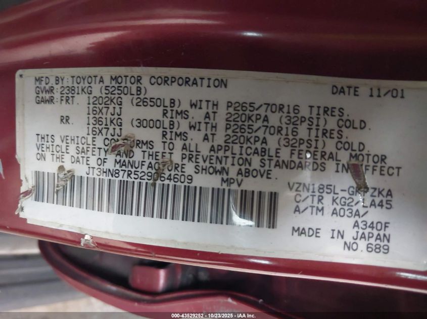 2002 Toyota 4Runner Limited V6 VIN: JT3HN87R529064609 Lot: 43529252