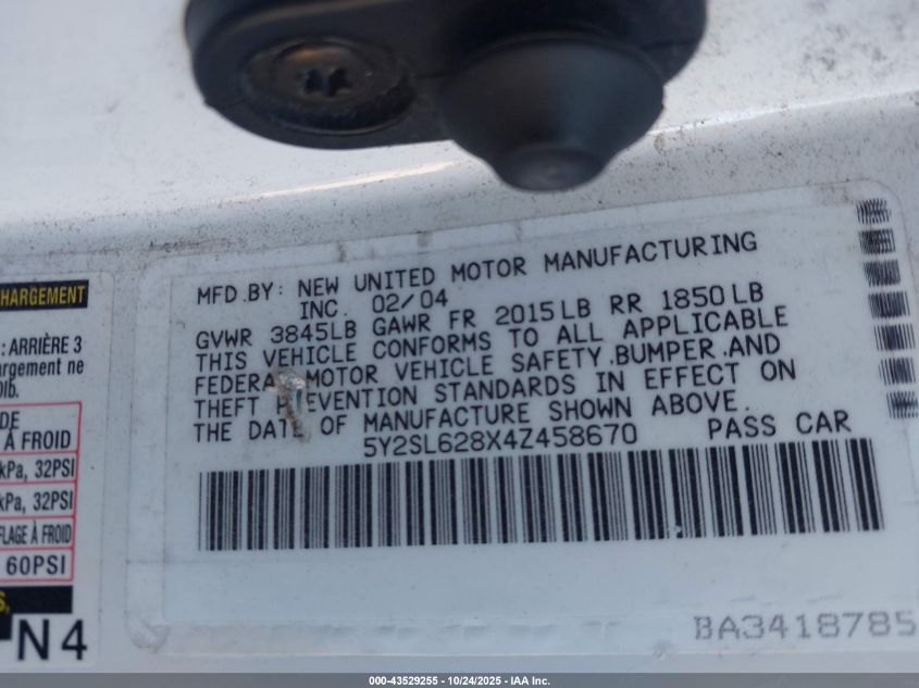 2004 Pontiac Vibe VIN: 5Y2SL628X4Z458670 Lot: 43529255