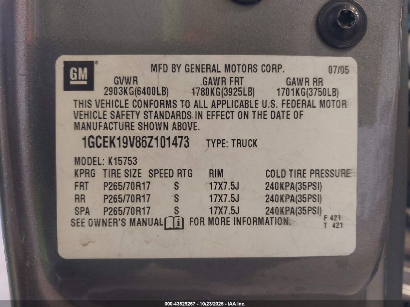 2006 Chevrolet Silverado 1500 Lt1 VIN: 1GCEK19V86Z101473 Lot: 43529267