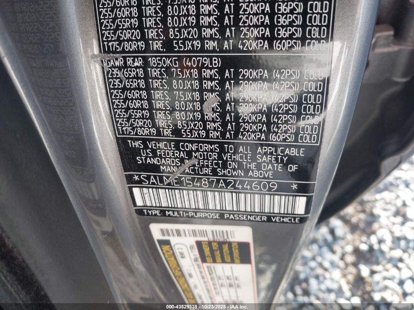 2007 Land Rover Range Rover Hse VIN: SALME15487A244609 Lot: 43529339