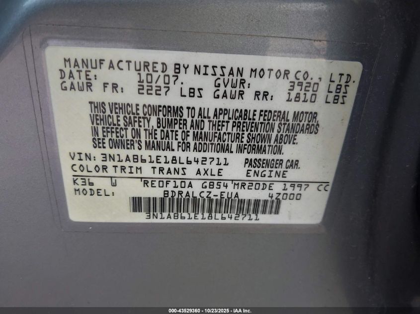 2008 Nissan Sentra 2.0 VIN: 3N1AB61E18L642711 Lot: 43529360