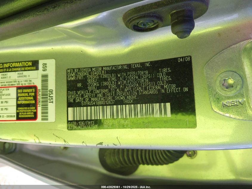 2008 Toyota Tundra Base V6 VIN: 5TFRU54188X012637 Lot: 43529361