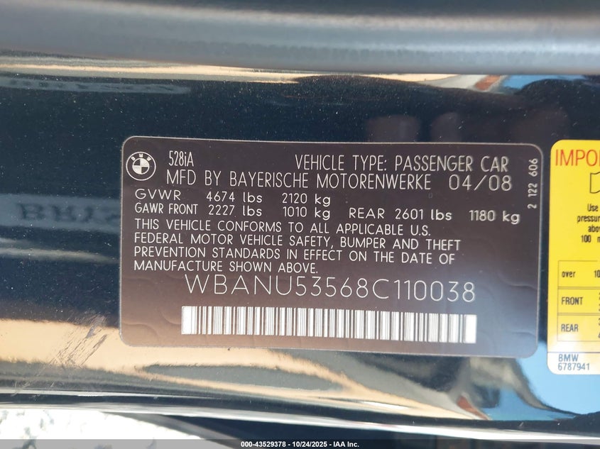2008 BMW 528I VIN: WBANU53568C110038 Lot: 43529378