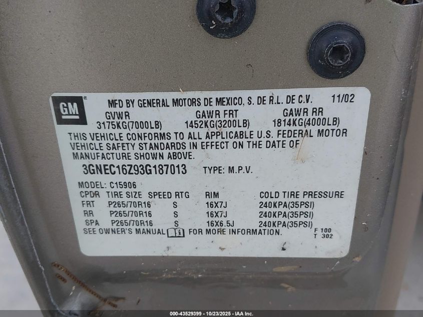 2003 Chevrolet Suburban 1500 Lt VIN: 3GNEC16Z93G187013 Lot: 43529399