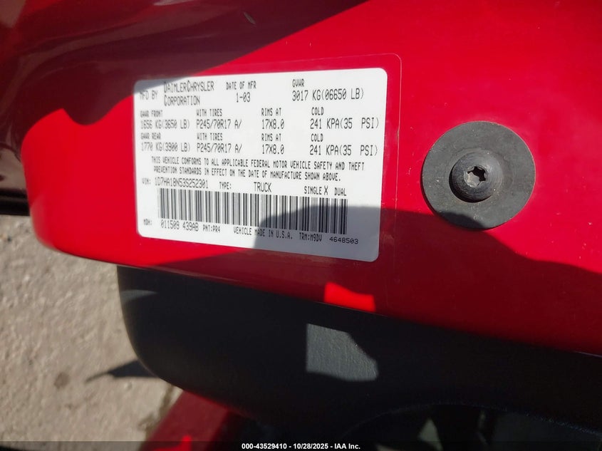 2003 Dodge Ram 1500 Slt/Laramie/St VIN: 1D7HA18N53S252301 Lot: 43529410