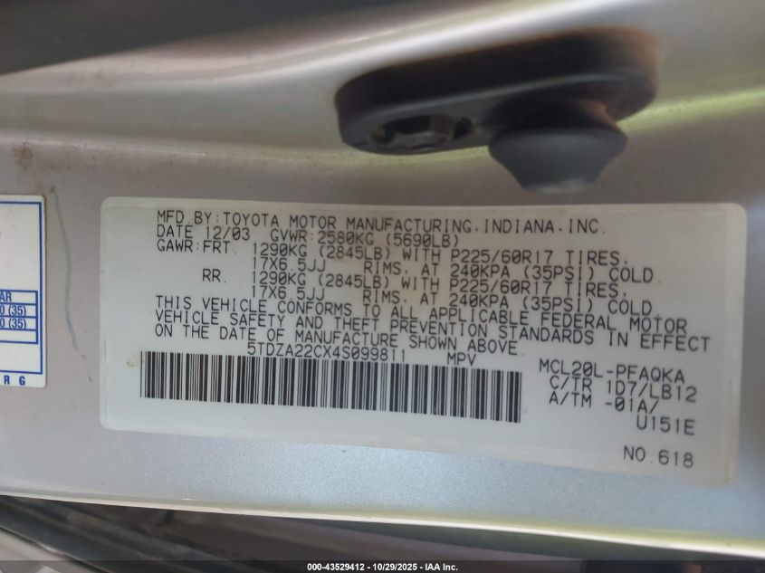 2004 Toyota Sienna Xle VIN: 5TDZA22CX4S099811 Lot: 43529412