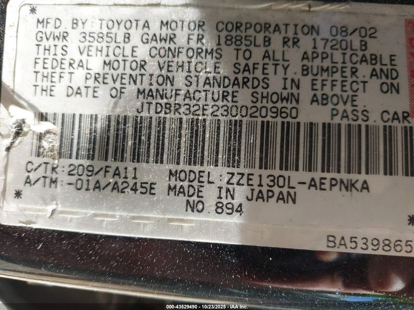 2003 Toyota Corolla Le VIN: JTDBR32E230020960 Lot: 43529490