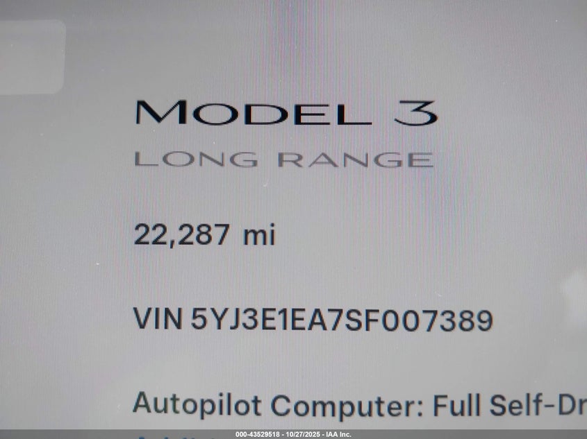 2025 Tesla Model 3 Long Range Rear-Wheel Drive/Standard VIN: 5YJ3E1EA7SF007389 Lot: 43529518