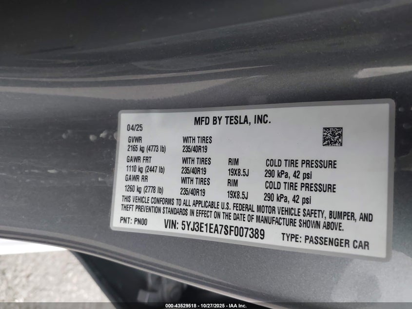 2025 Tesla Model 3 Long Range Rear-Wheel Drive/Standard VIN: 5YJ3E1EA7SF007389 Lot: 43529518
