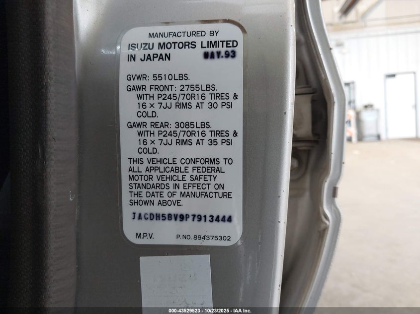 1993 Isuzu Trooper S VIN: JACDH58V9P7913444 Lot: 43529523