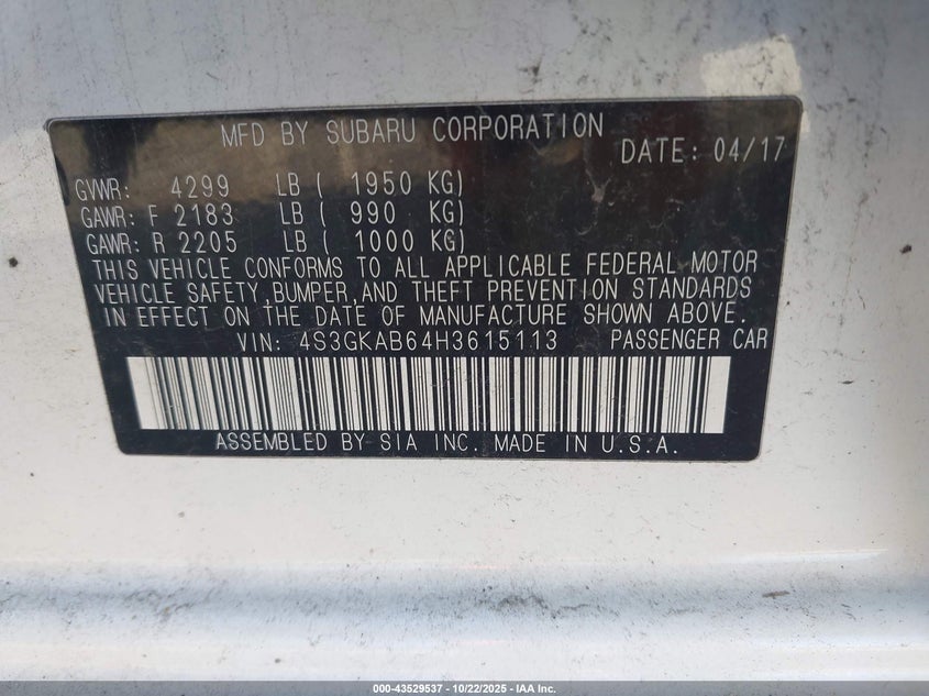 2017 SUBARU IMPREZA 2.0I PREMIUM 4S3GKAB64H3615113