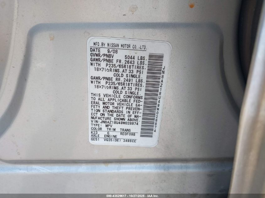 2009 Nissan Murano Sl VIN: JN8AZ18U49W028874 Lot: 43529617