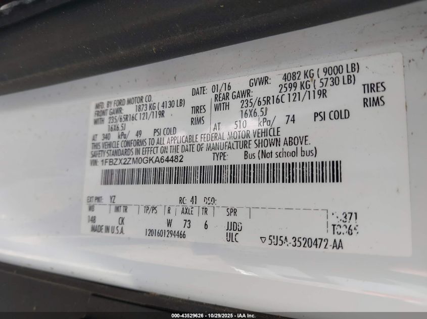 2016 Ford Transit-350 Xlt VIN: 1FBZX2ZM0GKA64482 Lot: 43529626